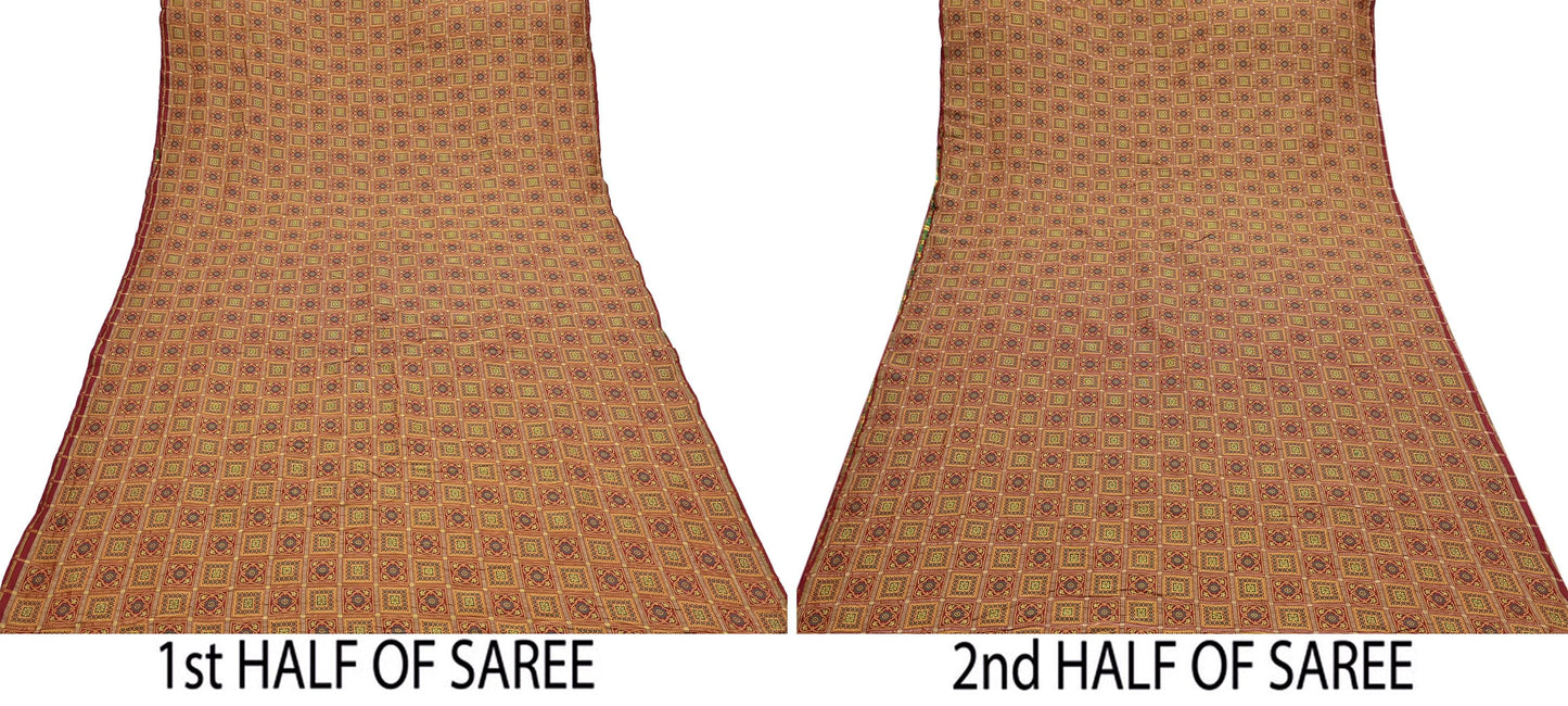 Indian Vintage Sari Maroon Heavy Wedding Pure Silk Hand Woven Gharchola Bandhani Sarees Zari 5Yd Craft Fabric Dress Making Crafting
