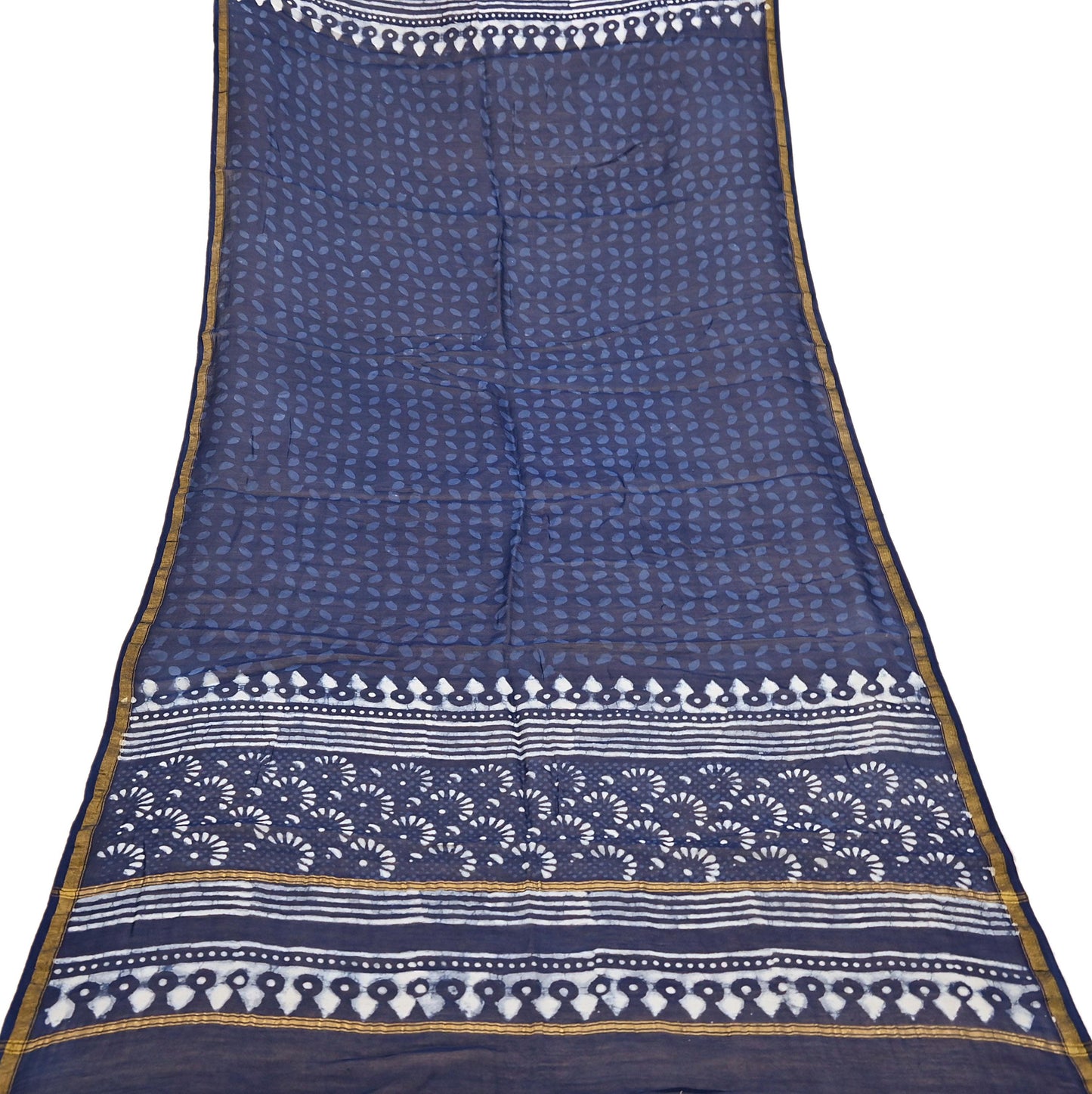 Indian Vintage Dupatta Blue Dupatta Long Stole Block Print Pure Chanderi Silk Scarves Veil Golden Zari