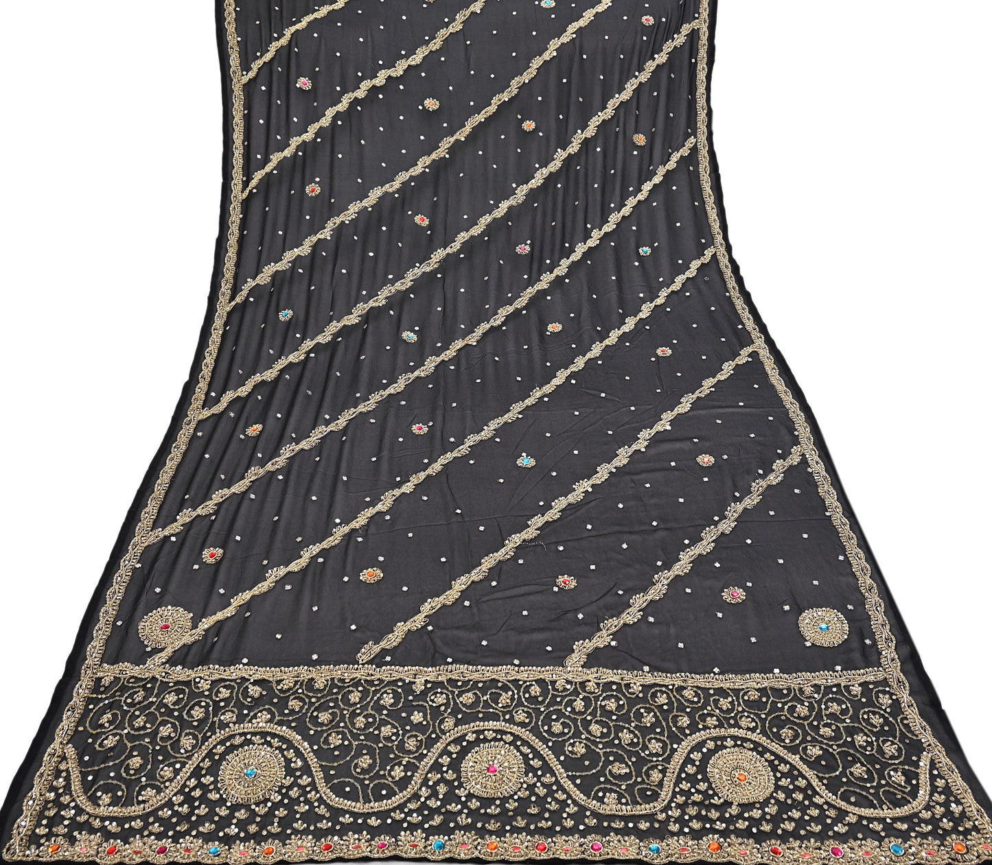 Indian Vintage Heavy Bridal Black Dupatta Pure Georgette Silk Long Stole Hand Embroidered Scarf Zardozi/Dabka Wedding red Hijab veil