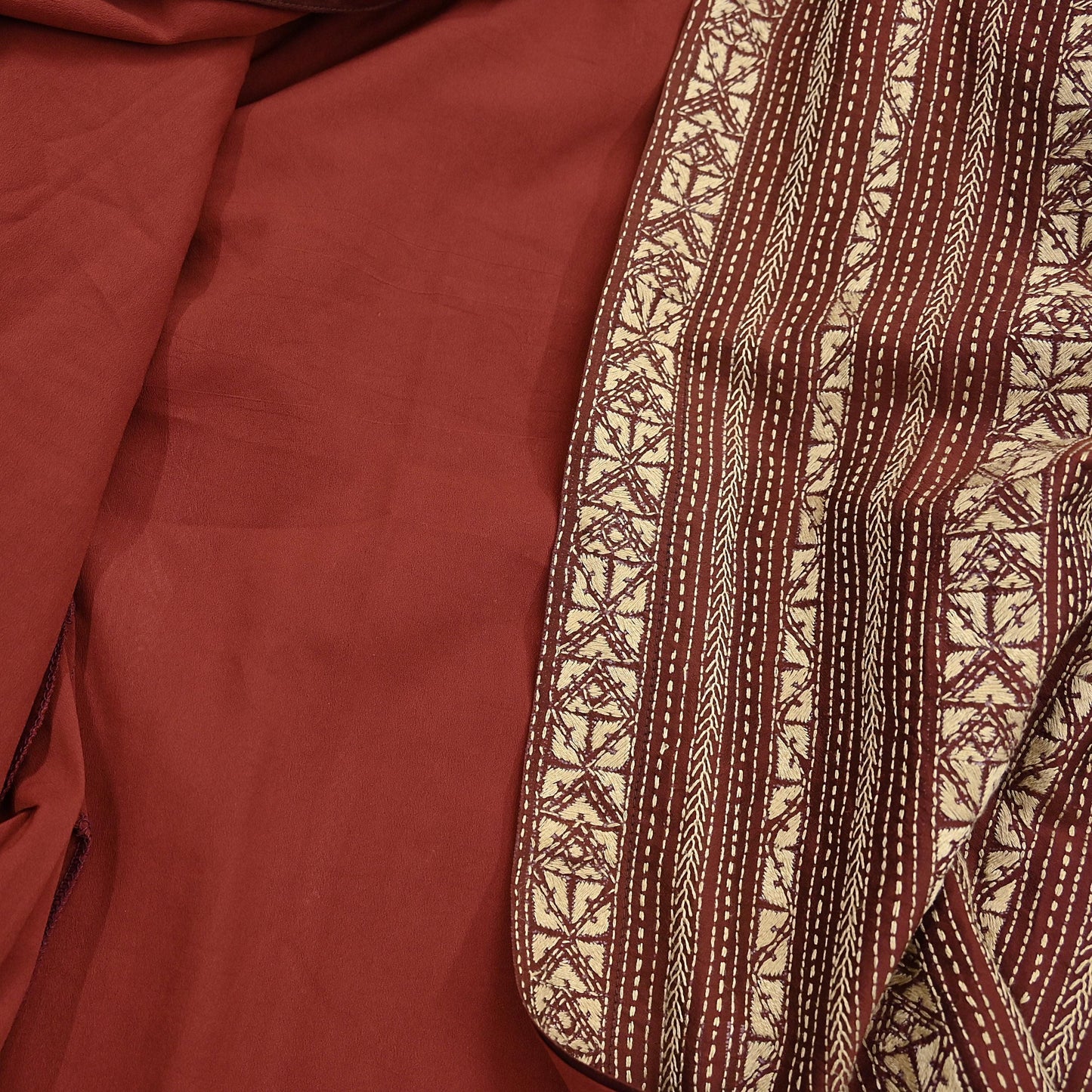 Vintage Kantha Silk Kurta Rusty Red Hand Embroidered Mens Indian Ethnic Kurta Boho Festival Long Kurta Dress