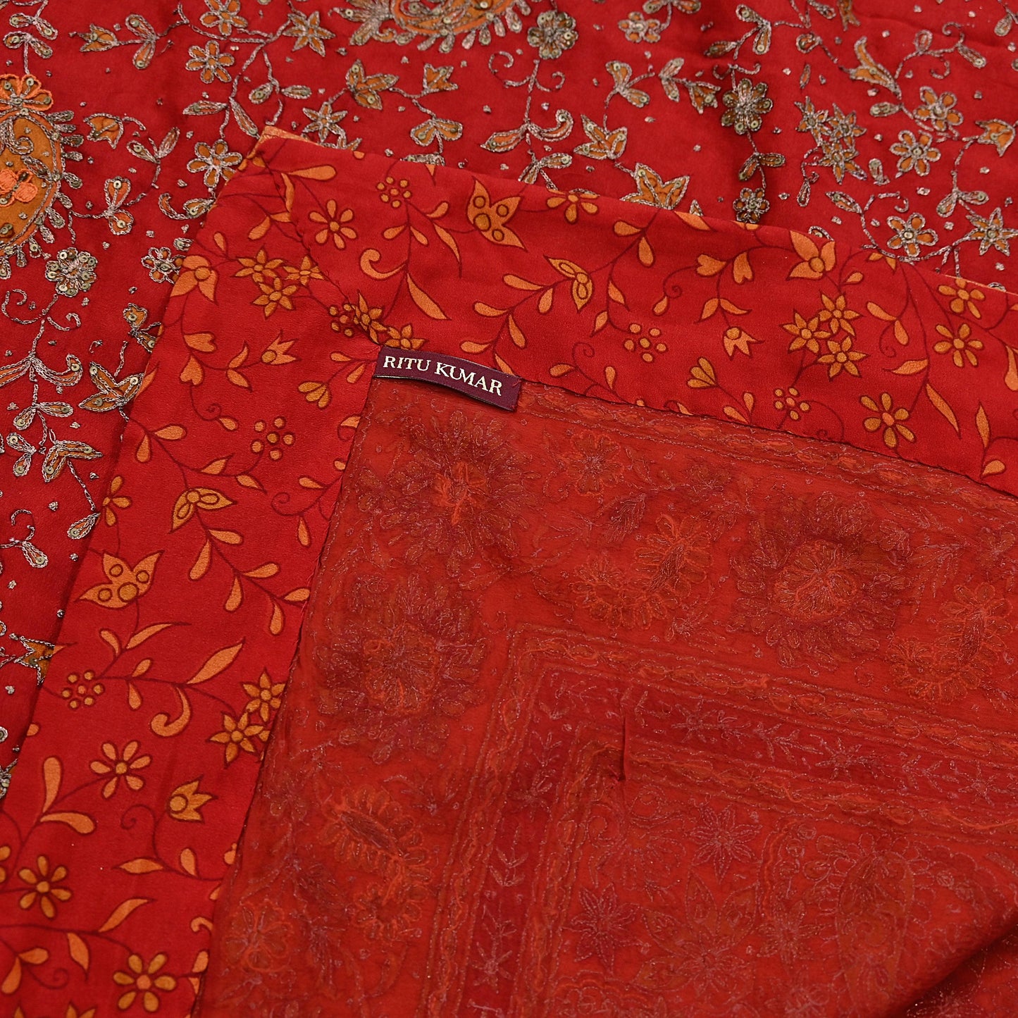 Indian Vintage Heavy Orange & Red Dupatta Pure Silk Long Stole Hand Embroidered Designer By Ritu Kumar Scarves Scarf Zari Zardozi
