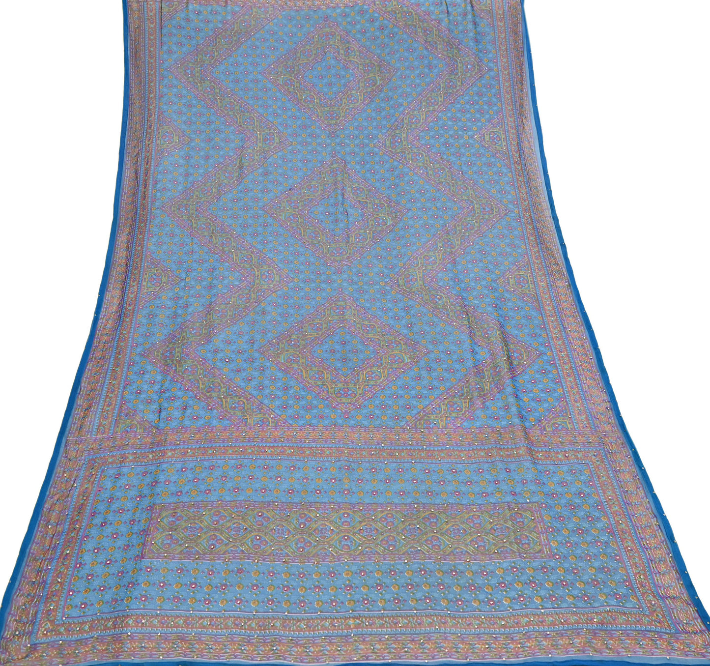 Indian Vintage Blue Dupatta Pure Chiffon Silk Long Stole Hand Embroidered Designer By Ritu Kumar Scarves Scarf Zari Zardozi