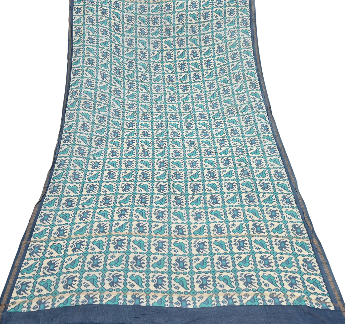 Indian Vintage Dupatta Ivory & Blue Long Stole Block Print Pure Chanderi Silk Scarves Veil Zari Wrap Hijab