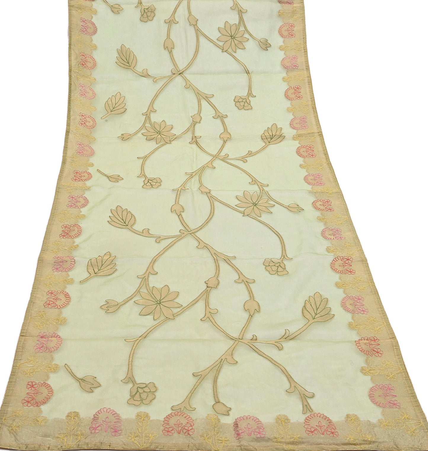 Indian Vintage Pista Green Dupatta Pure Organza Silk Long Stole Embroidered Scarves Veil Soft Floral Design Wrap Boho Party wear