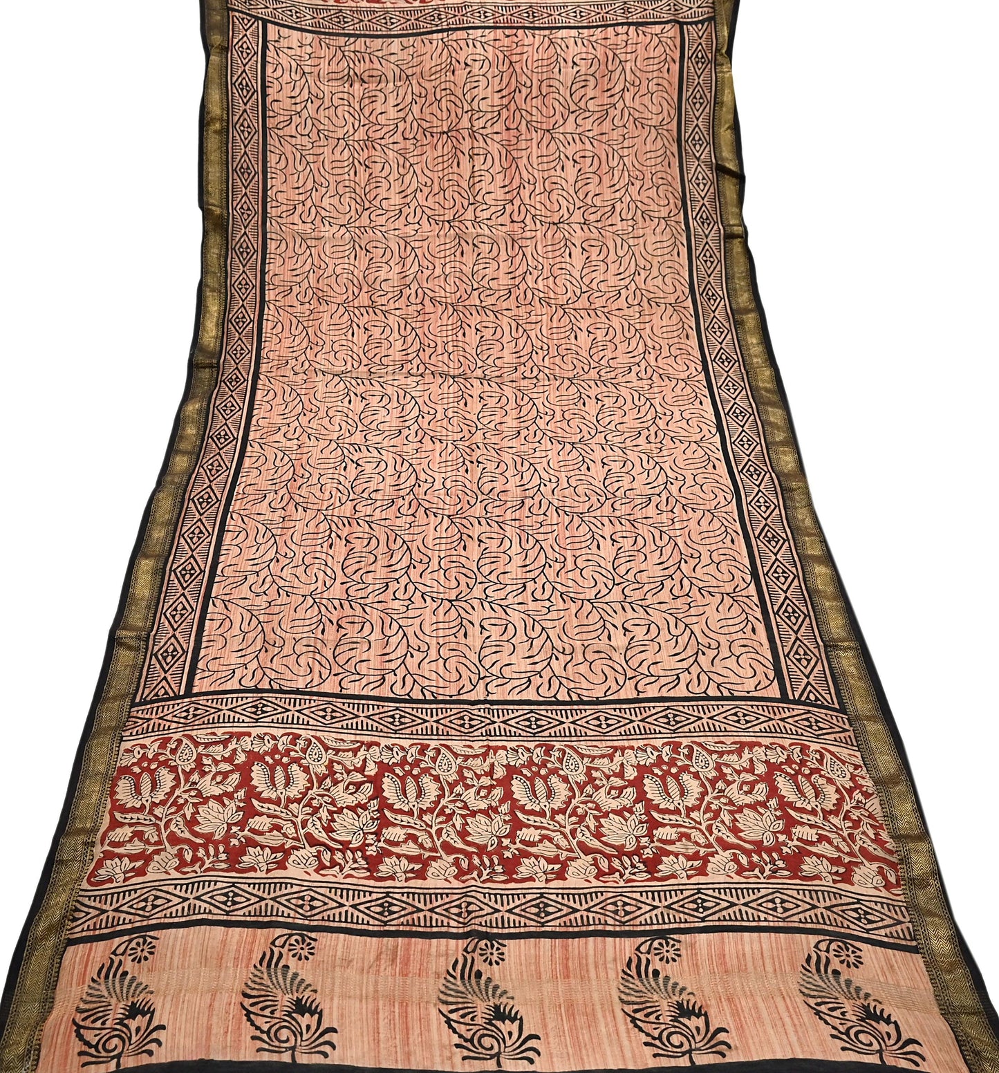Indian Vintage Dupatta Ivory & Blue Long Stole Block Print Pure Chanderi Silk Scarves Veil Zari Wrap Hijab