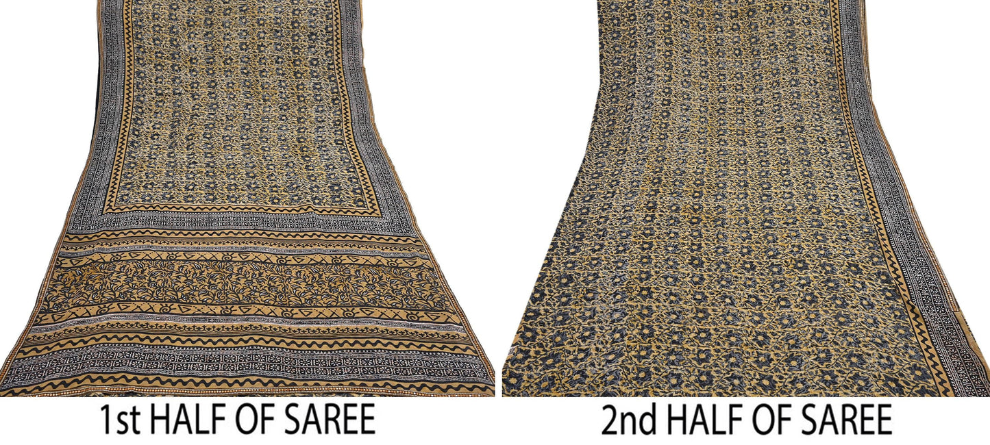Indian Vintage Sari Beige & Black Pure Georgette Silk Printed Sarees 5Yd Craft Fabric Sewing Quilting Dress making Crafting Quilting Upcycle