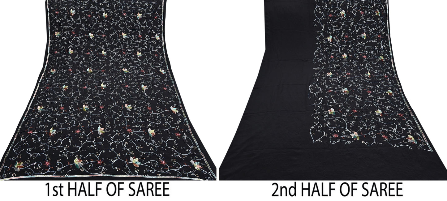 Indian Vintage Black Saree Pure Crepe Silk Hand Embroidered Sari Craft Fabric 5Yd Sewing Soft Zardozi/Dabka Sequins Wedding/Bridal Sarees