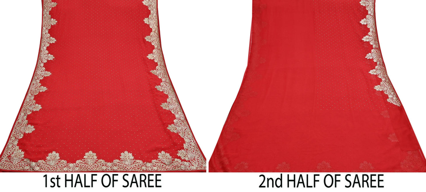 Indian Vintage Heavy Sari Red Georgette Hand Beaded Sarees Craft Fabric 5Yd Sewing Soft Ethnic Wedding Dress making