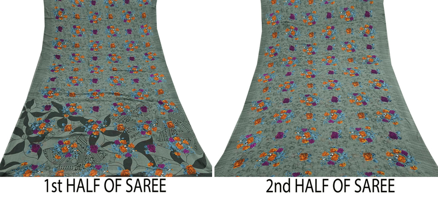Indian Vintage Sari Green Printed Pure Cotton Saree Craft Fabric 5Yd Sewing Sarong Wrap Boho Floral Crafting Upcycle Quilting Used