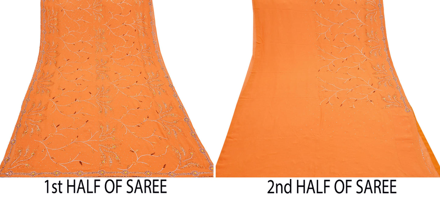 Indian Vintage Heavy Sari Orange Pure Georgette Silk Hand Embroidered Sarees Craft Fabric 6Yd Sewing Ethnic Bollywood saree Zardozi Mukesh