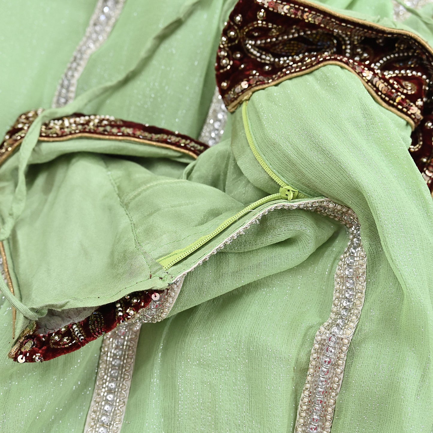 Indian Vintage Sage Green Pure Georgette Silk Hand Embroidered Skirt Bridal Party Wear Bollywood Lehenga Zardozi/ Dabka, Zari