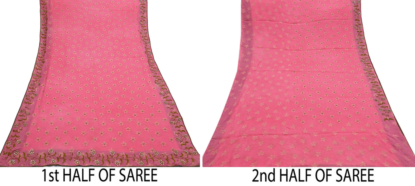Indian Vintage Pink Saree Pure Silk Hand Embroidered Sari Fabric 6Yd Sewing Soft Zardozi/Dabka Dress Making Bollywood Party Sarees