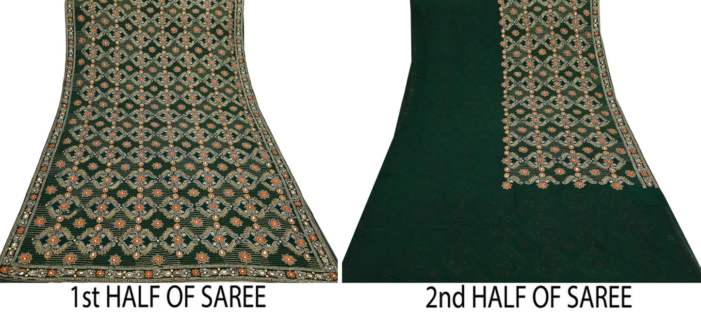 Indian Vintage Bottle Green Saree Pure Georgette Silk Hand Beaded Sari Craft Fabric 5Yd Zari Ethnic Bridal/Wedding Sarees Bollywood sari