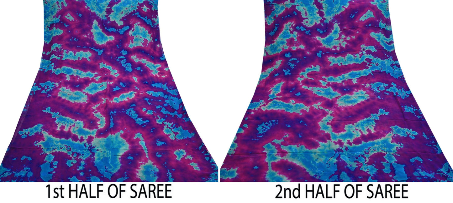 Indian Vintage Purple & Blue Saree Pure Georgette Silk Leheria Tie-dye Printed Sari Craft Fabric Sewing 5Yard Soft Light Sari Dress Making