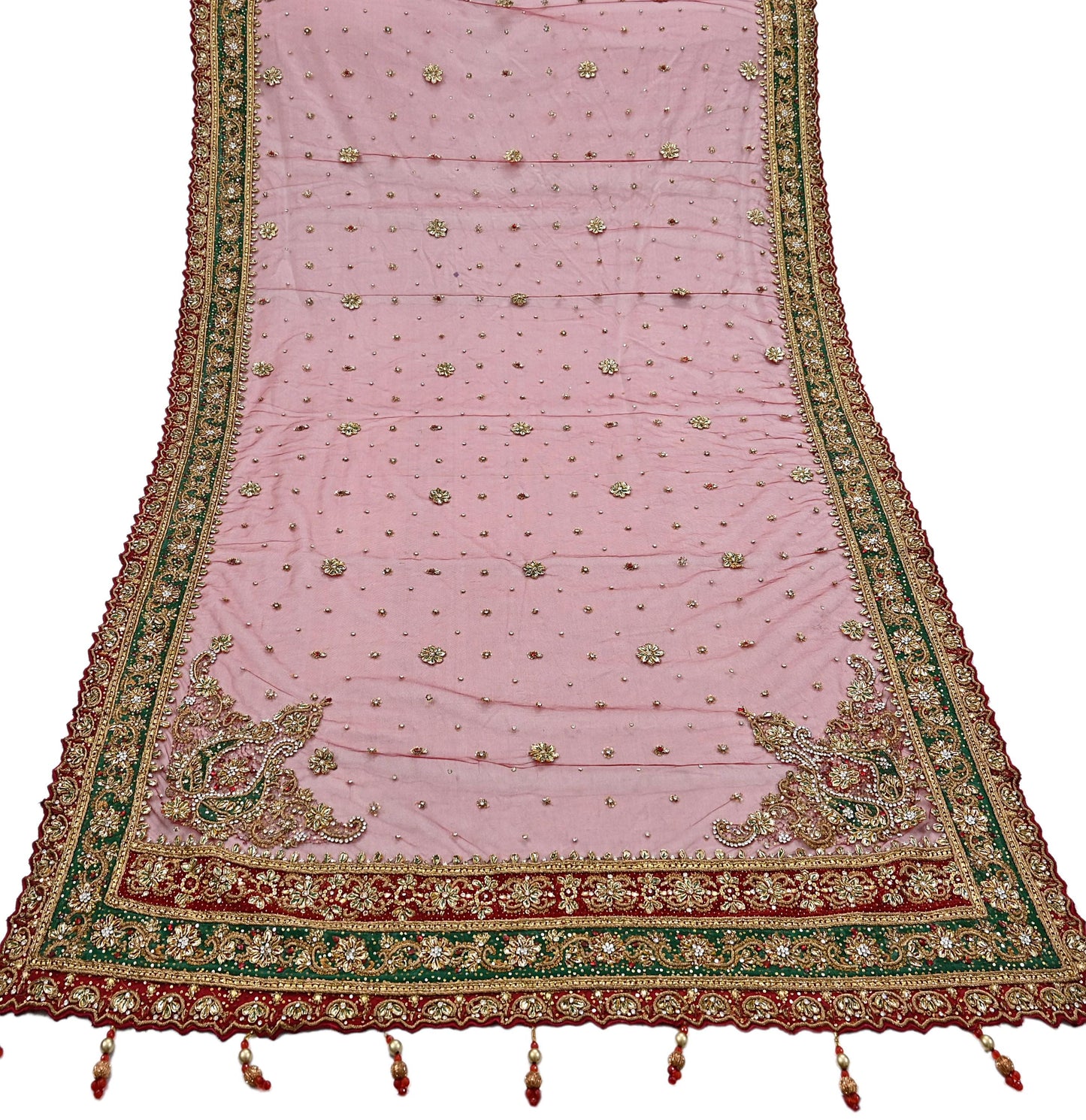 Indian Vintage Heavy Bridal Red Dupatta Net Mesh Long Stole Hand Embroidered Scarves Golden Zardozi Dabka Zari Sequins Wedding Veil Hijab
