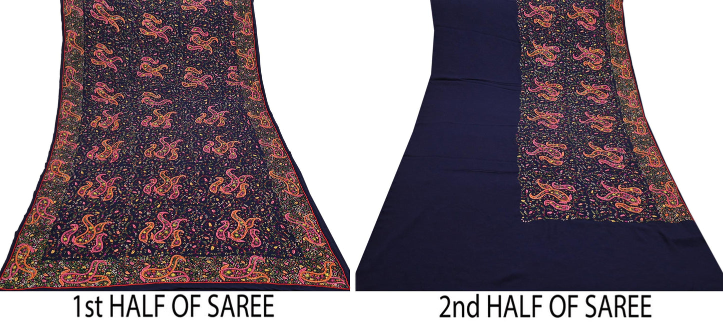 Indian Vintage Heavy Sari Blue Pure Georgette Silk Hand Embroidered Sozni Sarees Craft Fabric 5Yd Sewing Dress making Wedding sari
