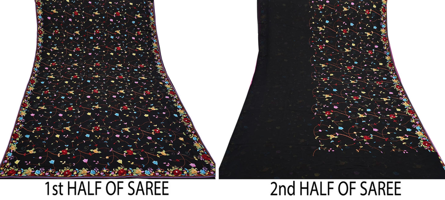 Indian Vintage Heavy Sari Black Pure Georgette Silk Hand Embroidered Parsi Gara Sarees Craft Fabric 6Yd Sewing Dress making