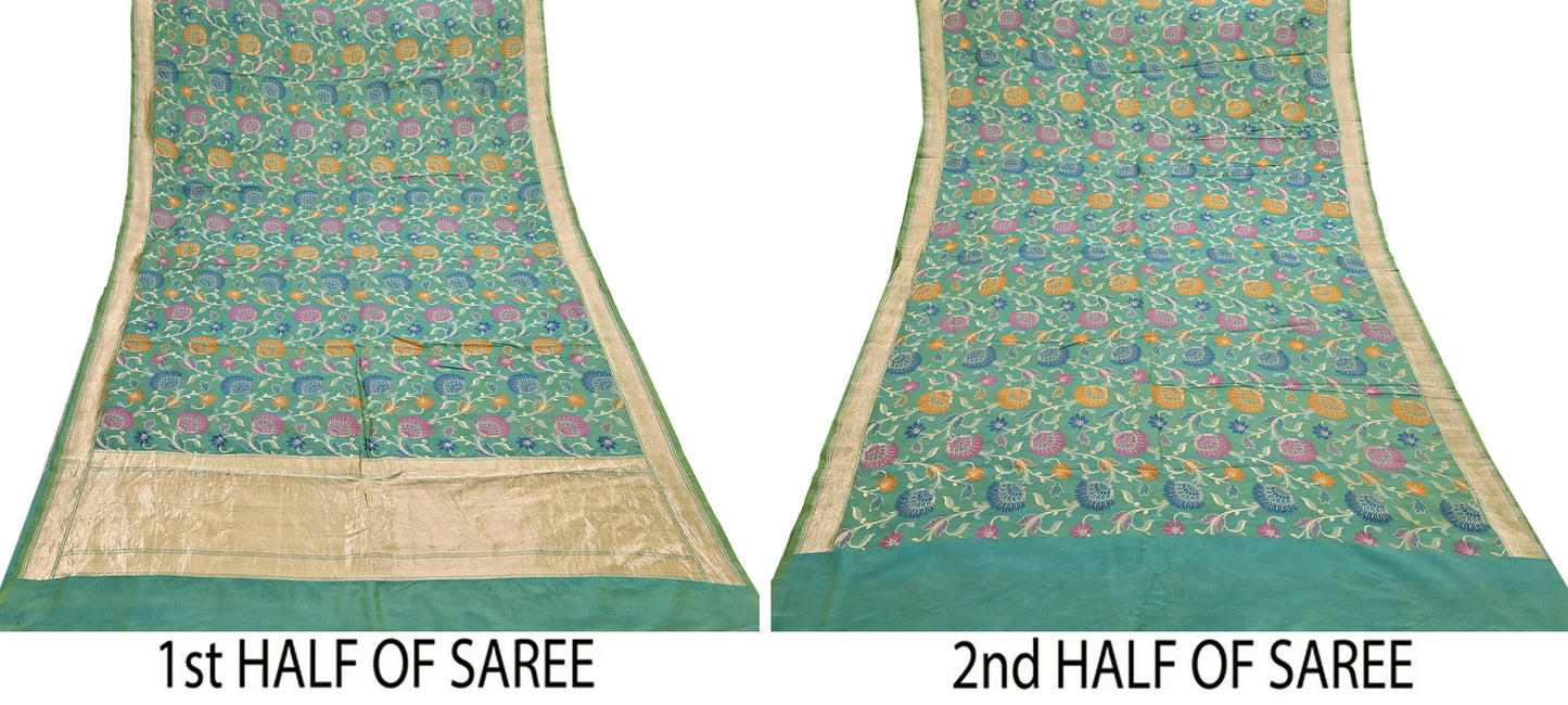 Indian Vintage Heavy Golden & Green Saree 100% Pure Silk Hand Woven Kanjeevaram Sari 5yd Ethnic Zari Premium Wedding Saree Fringes