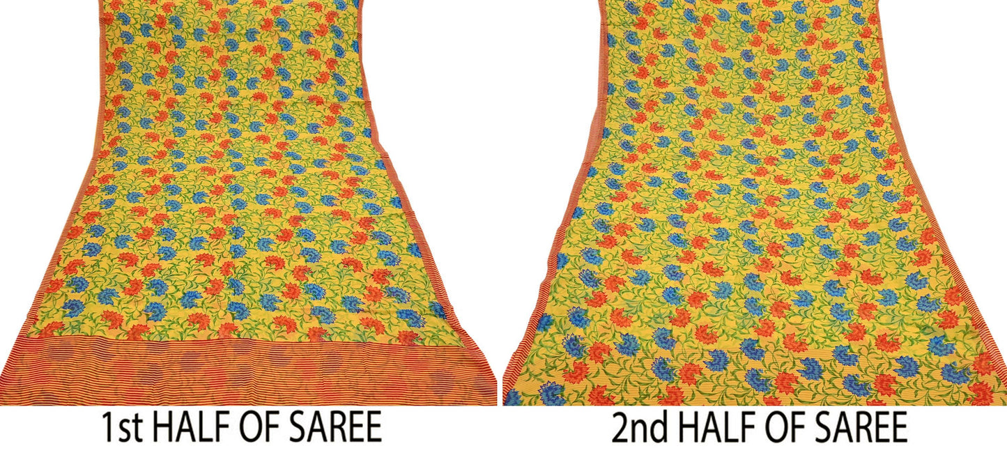 Indian Vintage Sari Yellow Pure Chiffon Silk Printed Saree 5Yd Craft Fabric Sewing Soft Light Sari Dress Making Quilting For Crating