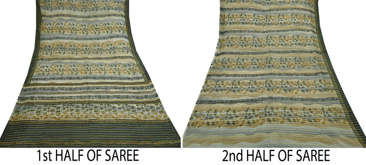 Indian Vintage Sari Gray Pure Georgette Silk Printed Sarees Craft Fabric Sewing 6Yd Soft Dress Making Crafting Quilting Zari