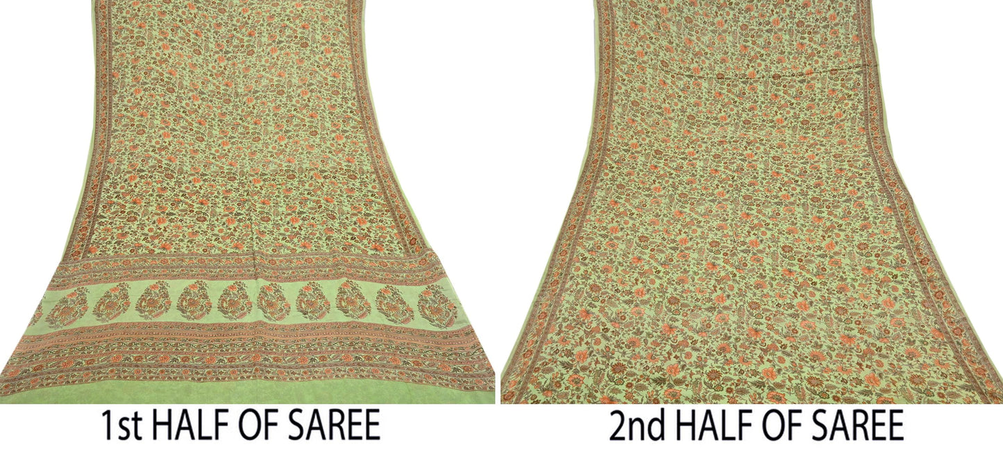 Indian Vintage Sari Green Pure Silk Printed Sarees Craft Fabric 6yd Sewing Dress Making Soft Floral Crafting quilting
