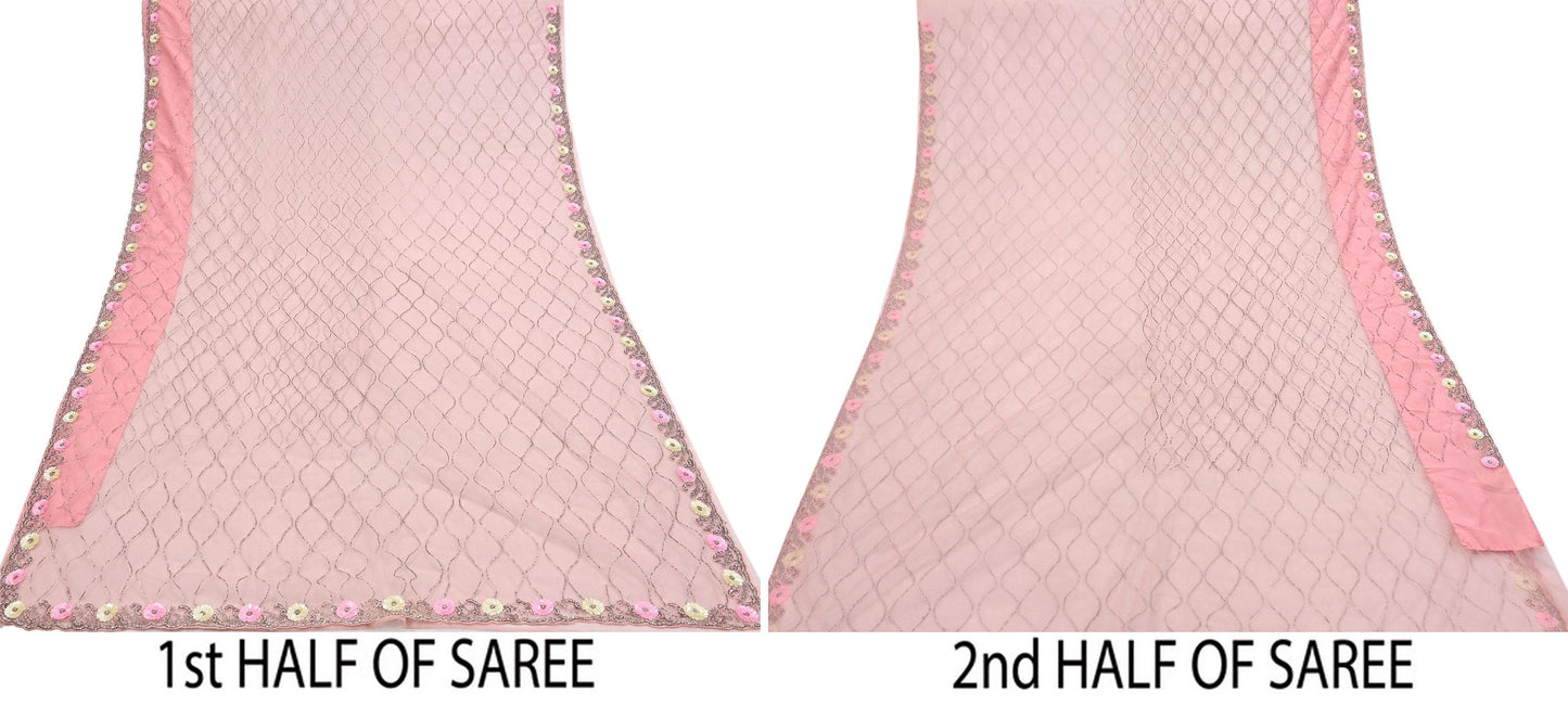 Indian Vintage Heavy Sari Peach Net/Mesh Hand Embroidered Sarees Craft Fabric 6Yd Sewing Soft Zardozi Wedding sarees With Blouse fabric