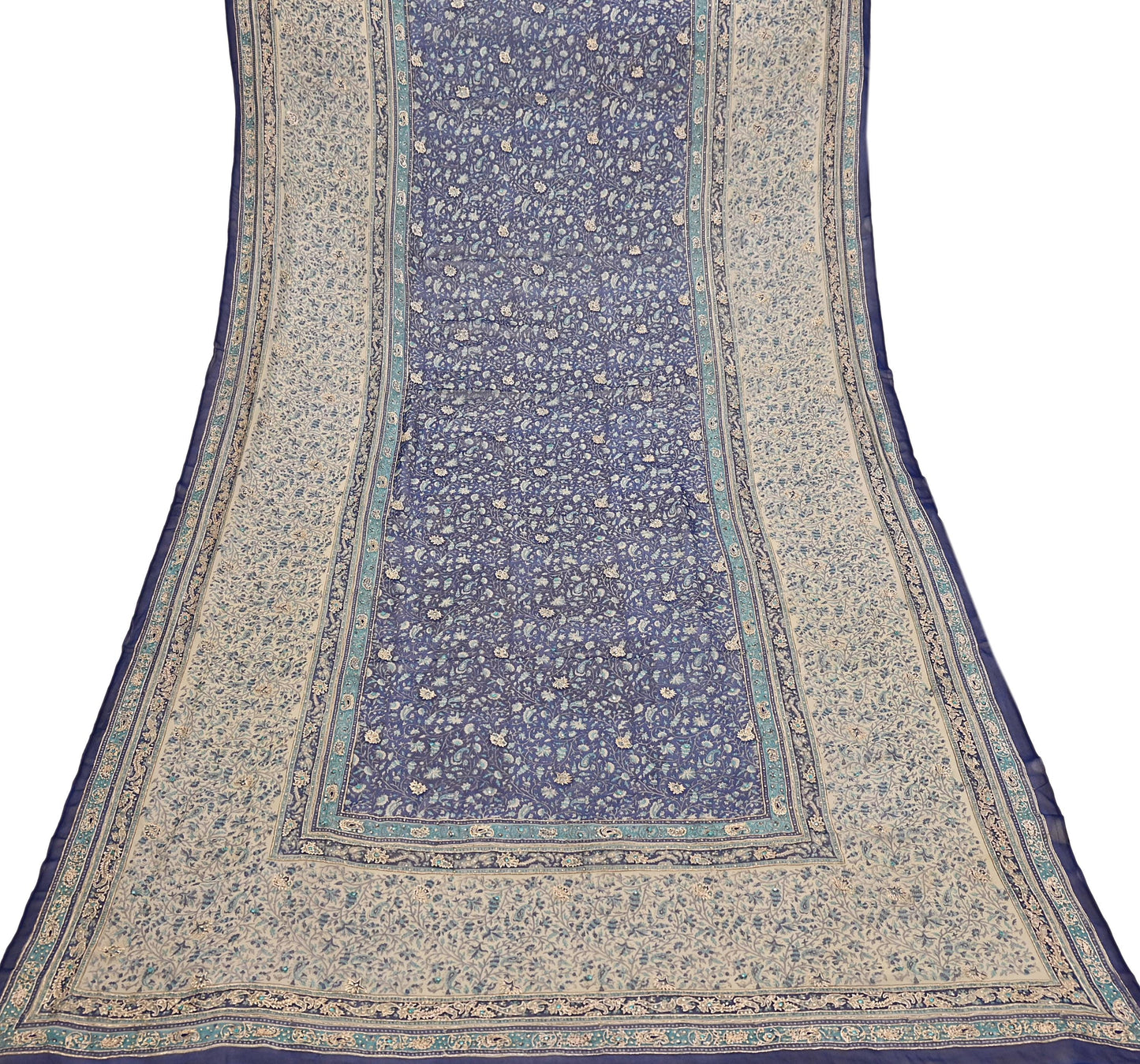 Indian Vintage Blue & Ivory Dupatta Pure Chiffon Silk Long Stole Hand Embroidered Designer By Ritu Kumar Scarves Scarf Zari Zardozi