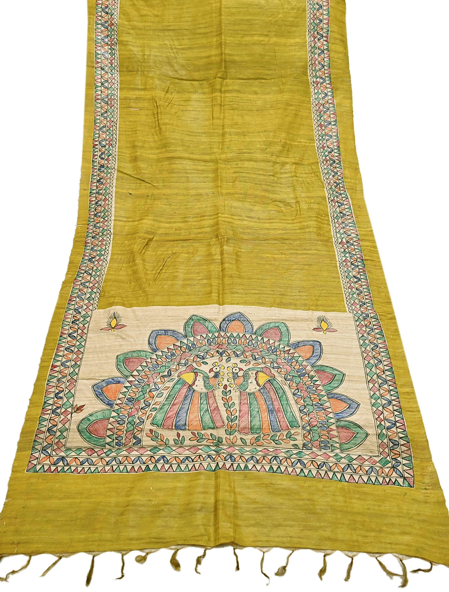 Indian Vintage Beige & Green Dupatta Pure Khadi silk Long Stole Hand Embroidered Scarves Floral Design Stole Veil Wrap