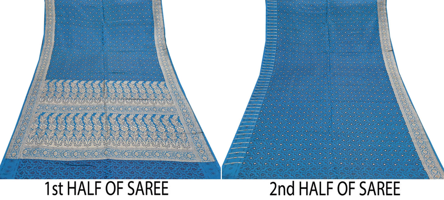 Vintage Banarasi Saree Pure Satin Silk Woven Brocade Zari Fabric Blue Heavy Craft Sari 5 Yards Indian Antique Textile Dress Making