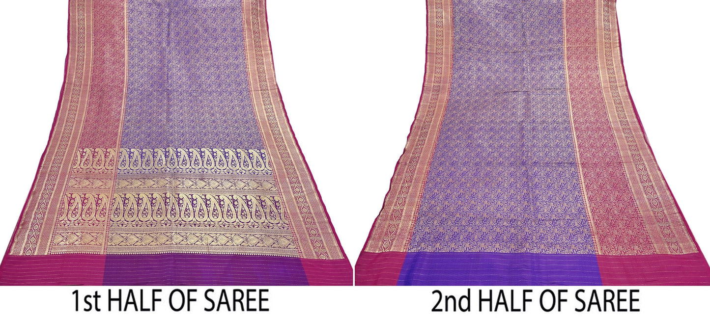 Vintage Banarasi Silk Saree Pink & Purple Heavy Satin Silk Brocade Fabric Golden Zari Bridal Wedding Crafting 5 Yard