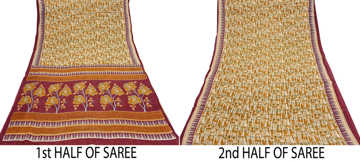 Indian Vintage Sari Ivory, Mustard Printed Pure Cotton Sarees 5Yd Craft Fabric Soft Sewing Sarong Wrap Boho Upcycle quilting Dress making