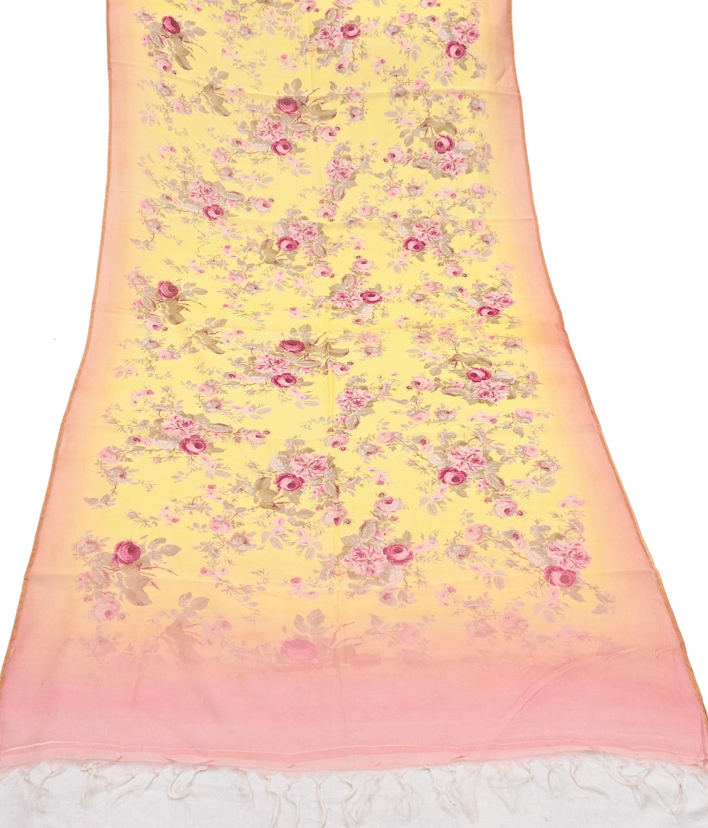 Indian Vintage Peach & yellow Dupatta Long Stole Hand Block Print Pure Chanderi Silk Scarves Veil Golden Zari