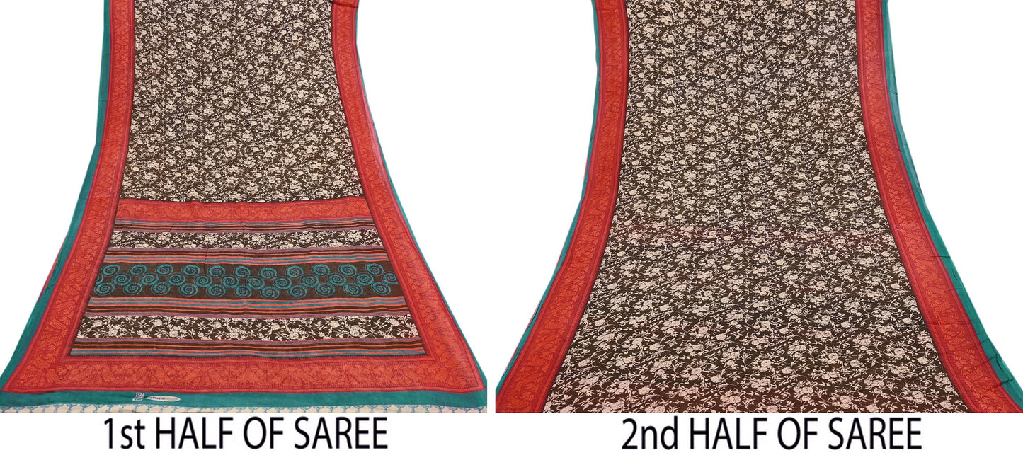 Indian Vintage Sari Brown & Ivory Printed 100% Pure Cotton Saree Craft Fabric 5Yd Soft Sewing Sarong Wrap Boho Dress Making Quilting