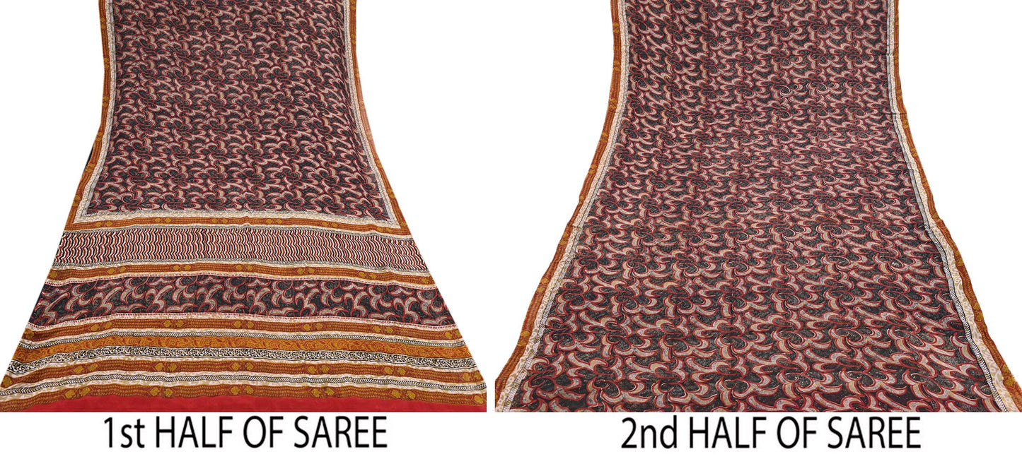 Indian Vintage Sari Black 100% Pure Georgette Silk Hand Printed Sarees Sewing 5yd Craft Fabric Soft Dress Designing for Crafting