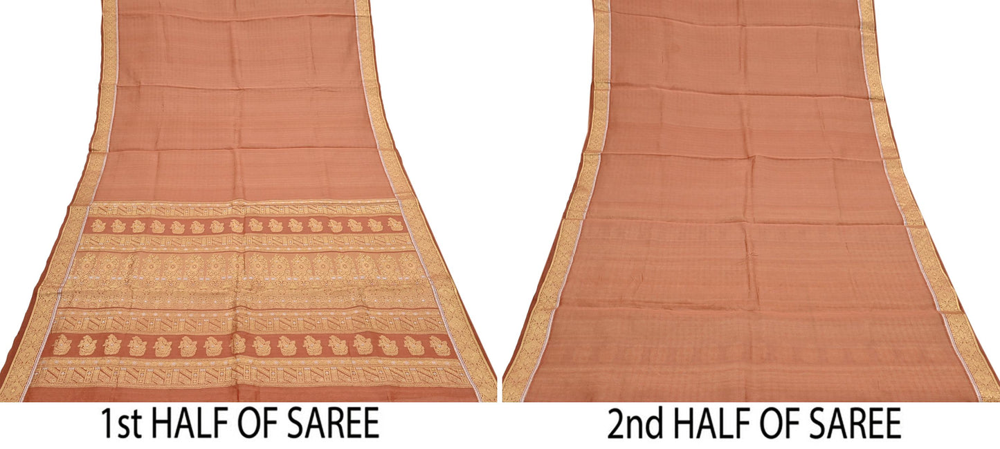 Indian Vintage Sari Peach Pure Silk Hand Woven Sarees Fabric 5Yd Ethnic Dress Making Crafting Upcycle Quilting Zari Border