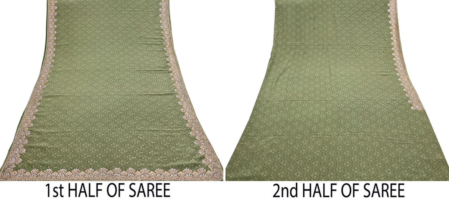 Indian Vintage Heavy Sari Green Pure Crepe Silk Hand Embroidered Sarees Craft Fabric 5Yd Sewing Zardozi Dress making