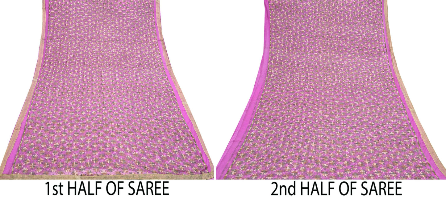 Indian Vintage Pink Sarees Chiffon Embroidered Bagh Phulkari Sari Craft Fabric 5Yard Dress Making Sewing Quilting Crafting Upcycle