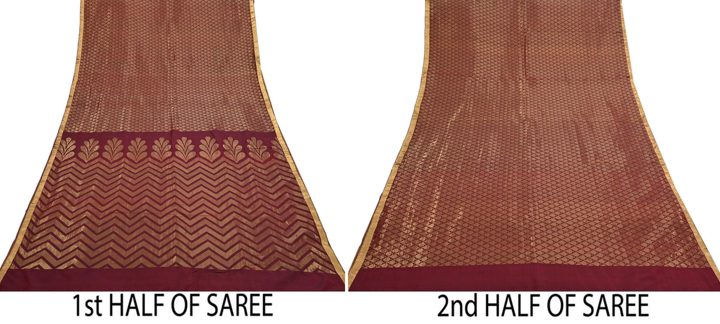Indian Vintage Heavy Sari Maroon Pure silk Hand Woven Kanjivaram Sarees Fabric 5Yd Ethnic Zari Dress making Crafting Bollywood sari