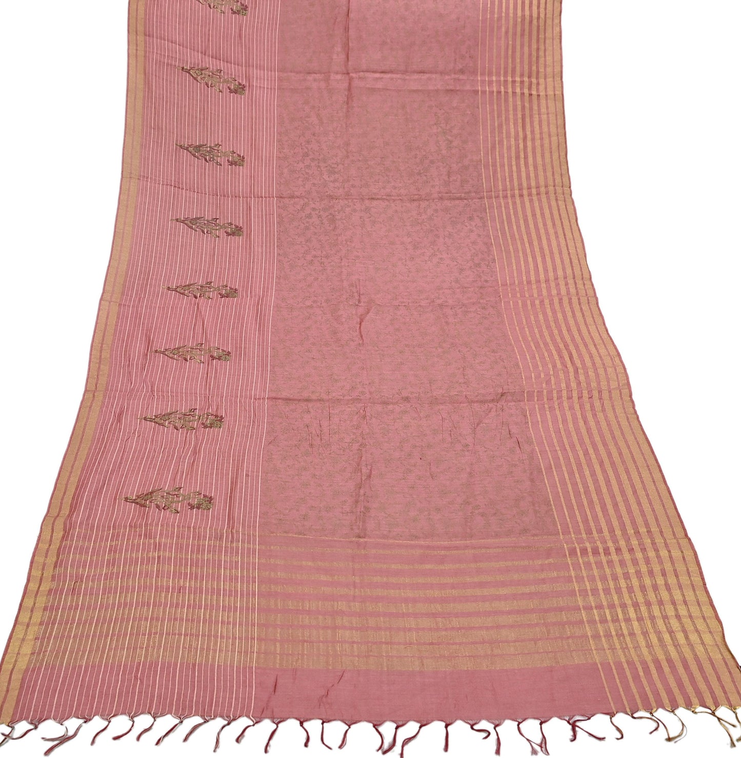 Indian Vintage Dupatta Peach Long Stole Printed Woven Pure Chanderi Silk Indian Scarves Veil Golden Zari Soft Fringes