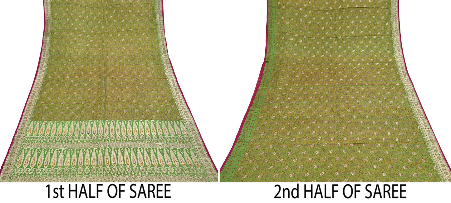 Indian Vintage Sari Green Heavy Pure Satin Silk Woven Banarasi Tanchoi Saree 5Yd Ethnic Craft Fabric Upcycle Bridal Heavy Sarees