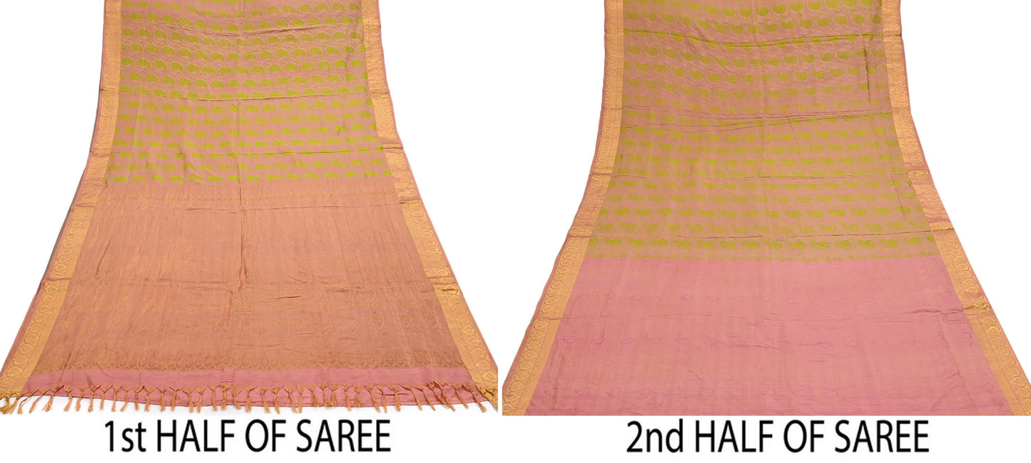 Vintage Kanjivaram Silk Saree Peach & Green Pure Silk Zari Fabric Indian Handwoven 5Yd Craft Material Dressmaking Textile