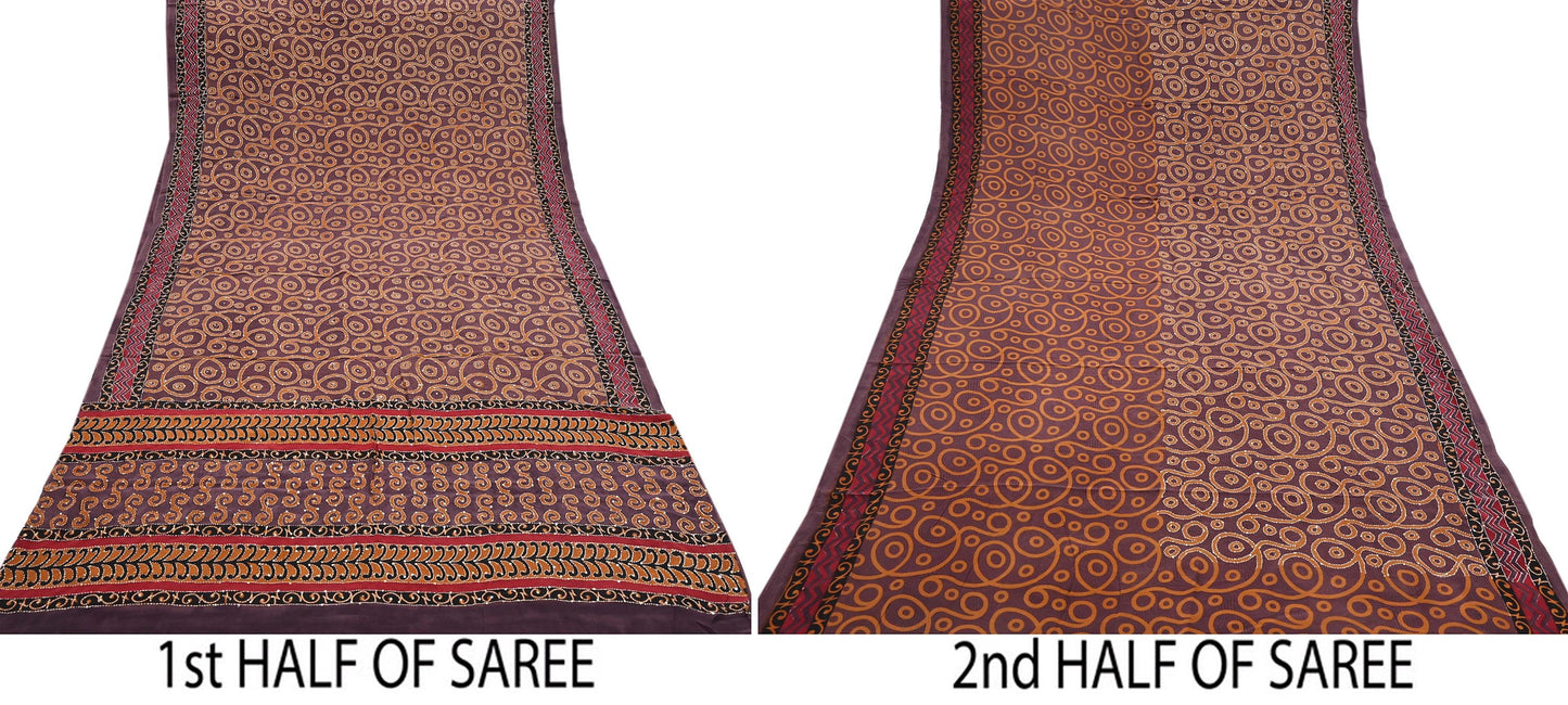 Indian Vintage Sari Brown Pure Crepe Silk Hand Embroidered Kantha Saree 5yd Craft Fabric Sewing Floral Soft Dress making Crafting