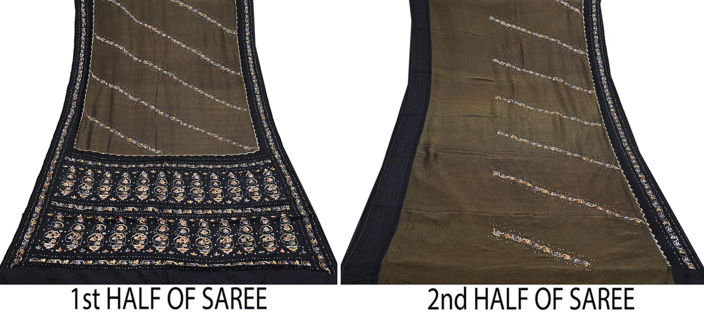 Indian Vintage Heavy Sarees Black Pure Silk Hand Embroidered Sari Fabric 5Yd Sewing Ethnic Sequins, Glass Beaded Wedding sarees