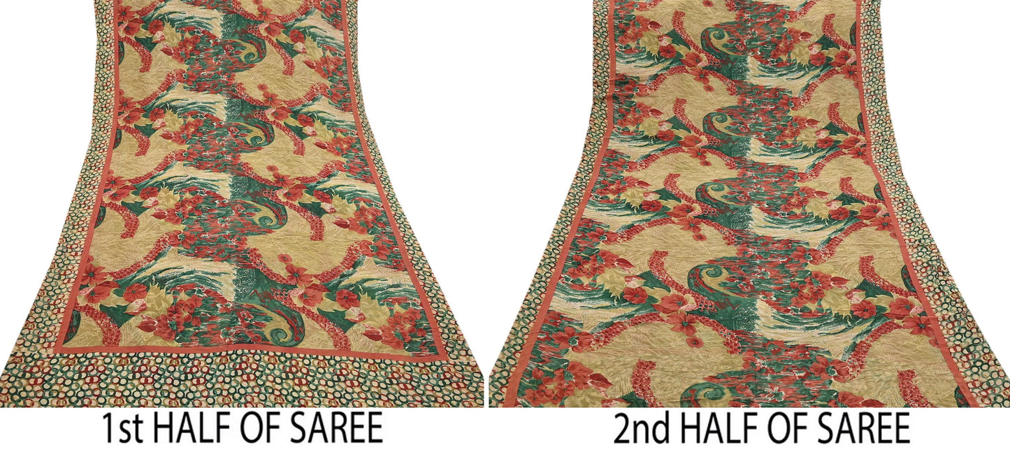 Indian Vintage Sari Beige & Multi Pure Georgette Silk Printed Sarees 6Yd Craft Fabric Sewing Quilting Dress making Crafting Dress Designing