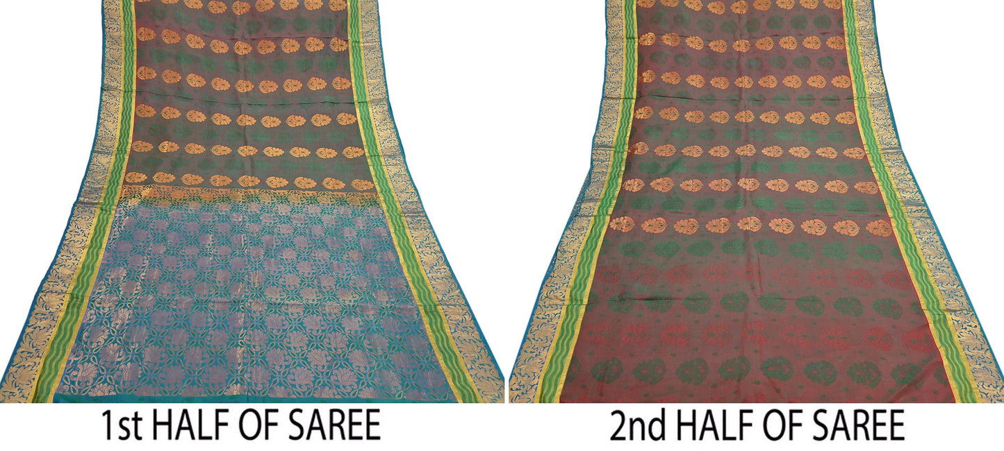 Indian Vintage Heavy Blue, Green & maroon Kanjivaram Saree 100% Pure Silk Zari 5Yd Floral Dress making Crafting Quilting Bollywood Saree
