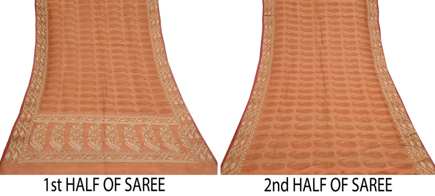 Indian Vintage Sari Saffron Hand Woven 100% Pure Organza Silk Saree Craft Fabric 5Yd Dress Making Crafting Quilting Upcycle Zari
