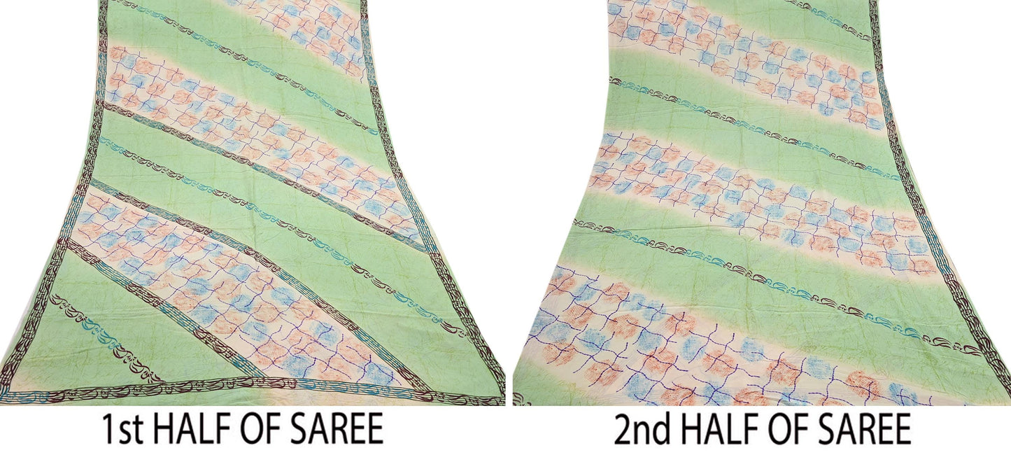 Indian Vintage Sari Green & Ivory Pure Crepe Silk Printed Sarees 5yd Sewing Floral Soft Craft Fabric Wrap Dress Making Crafting Quilting