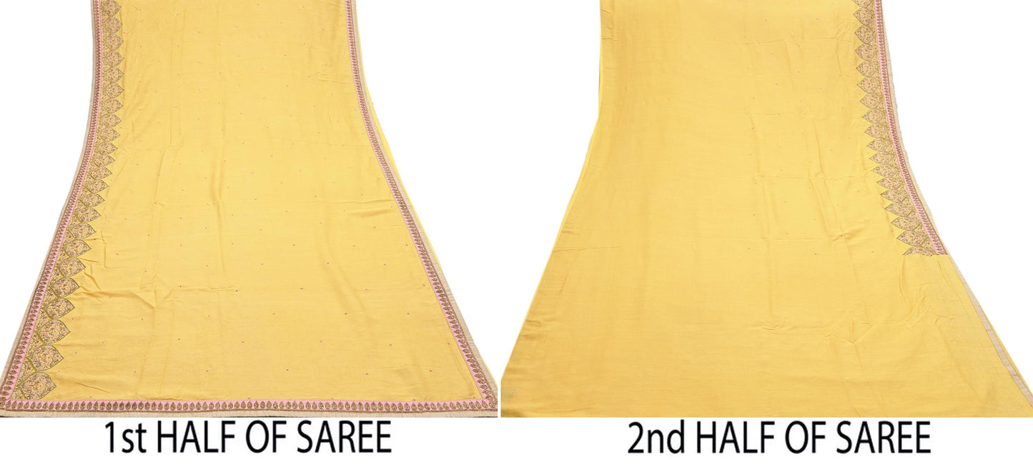 Rare Yellow Pure Silk Saree Zardozi Hand Embroidered Designer Sabyasachi Sari 6 Yard Bollywood Party Wear with Blouse Fabric