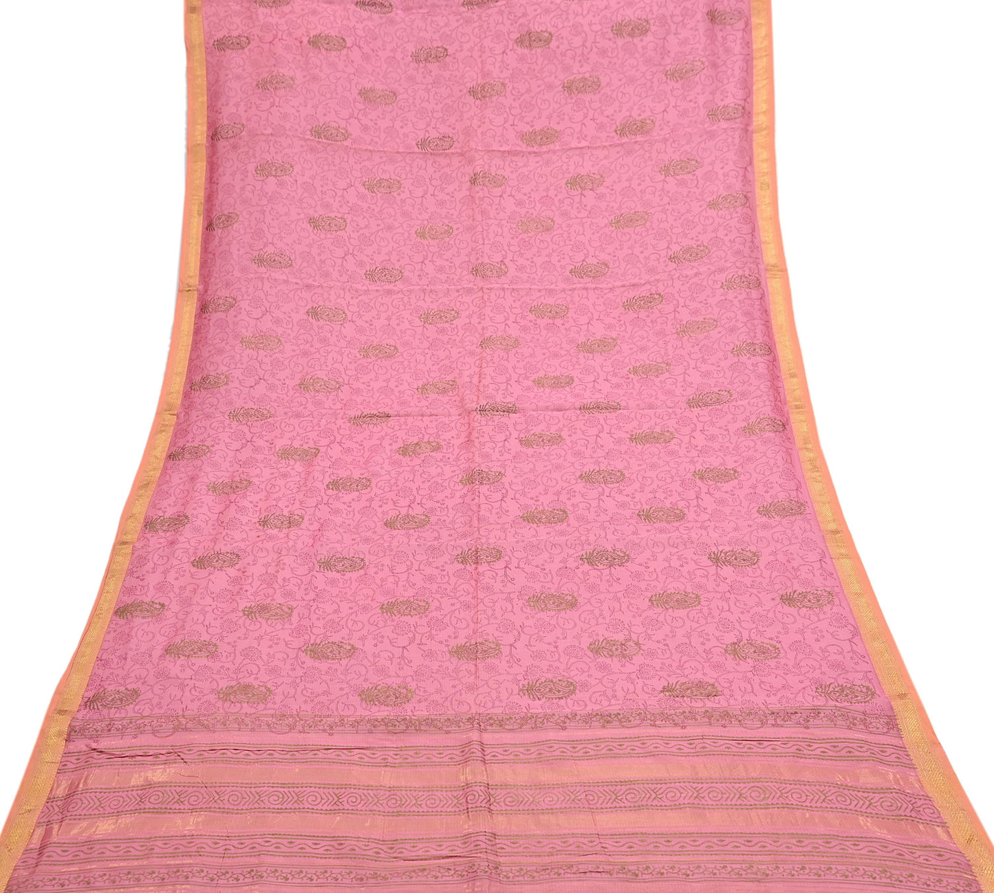 Indian Vintage Dupatta Pink Long Stole Woven Block Painted Pure Chanderi Silk Scarves Veil Golden Zari Floral Design For her