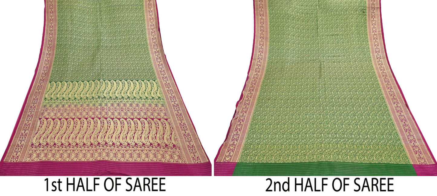 Vintage Banarasi Silk Saree Green & Purple Heavy Satin Silk Brocade Fabric Golden Zari Bridal Wedding Crafting 5Yard